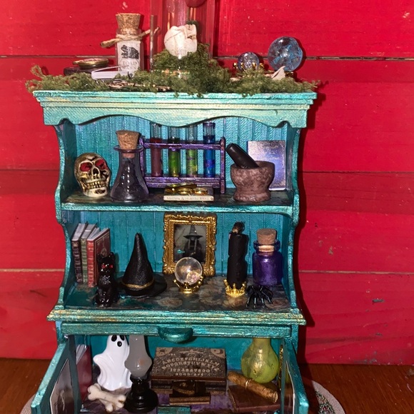 Miniature Teal Curio Cabinet with Halloween Decor - Picture 2 of 4
